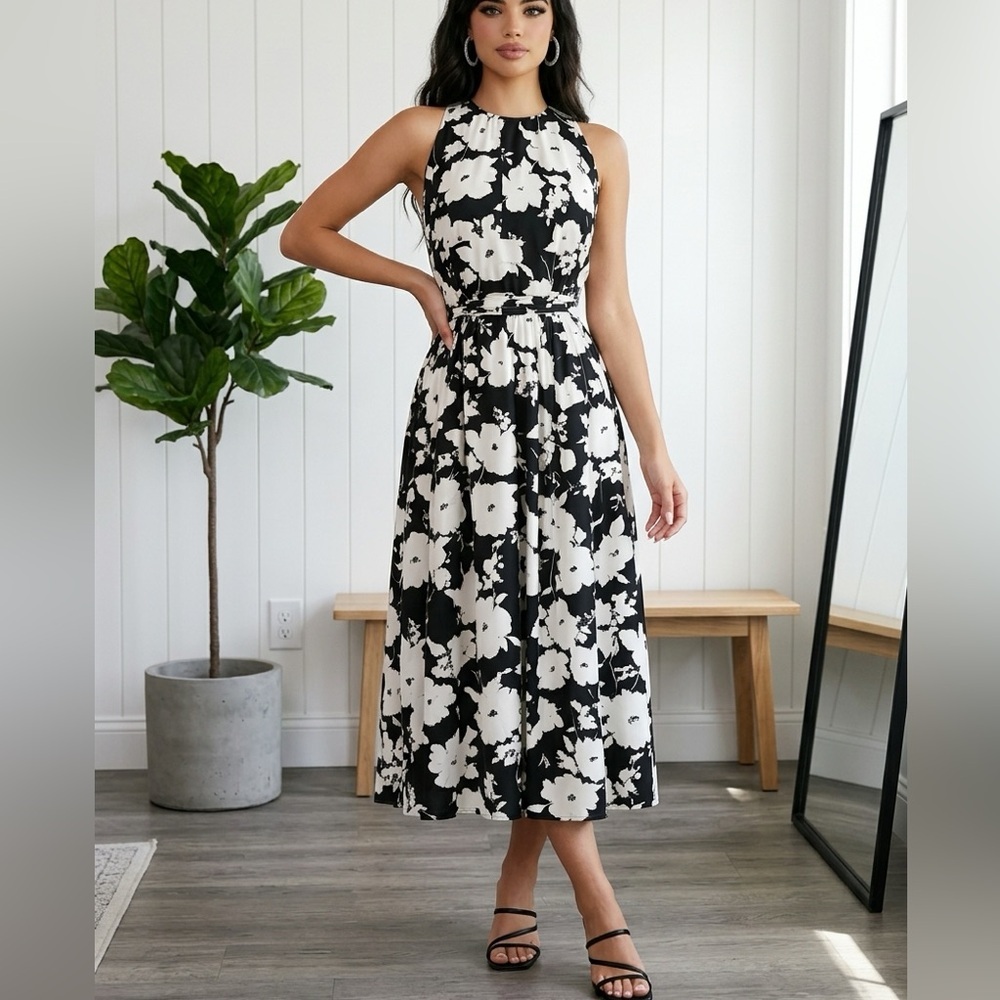 Anne Klein Black and White Floral Midi Dress